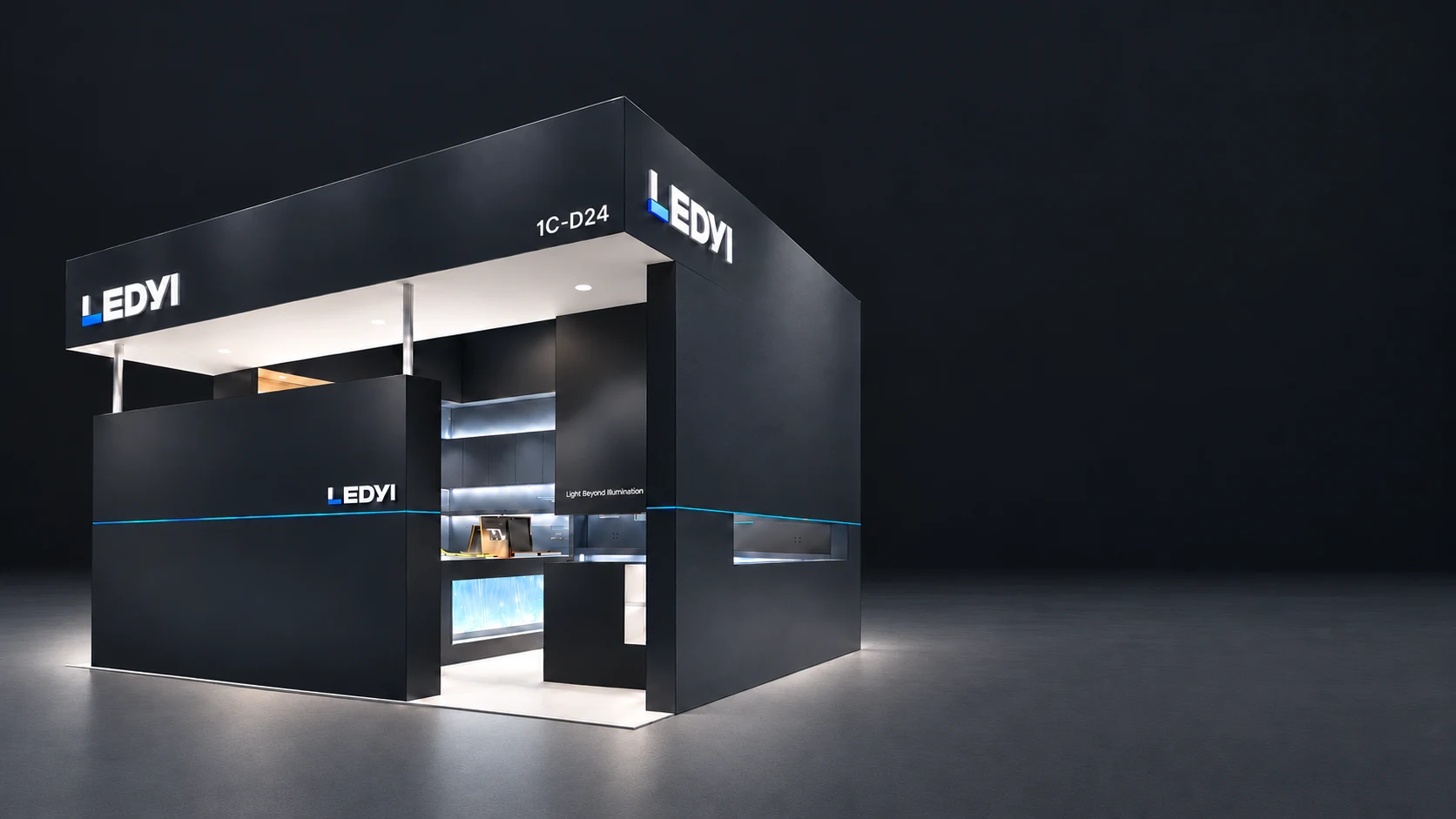 LEDYI exhibition booth design for Hall 1C, Booth 1C-D24, with the new LEDYI identity and linear lighting displays.