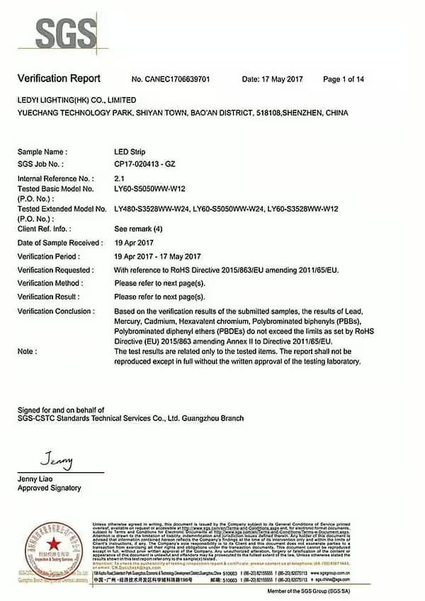 SGS RoHS certificate document