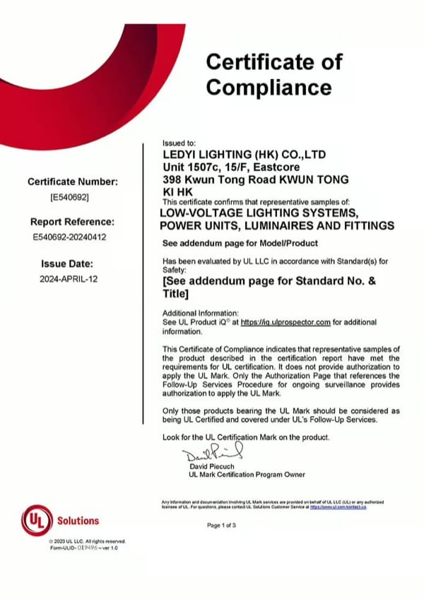 UL certificate document